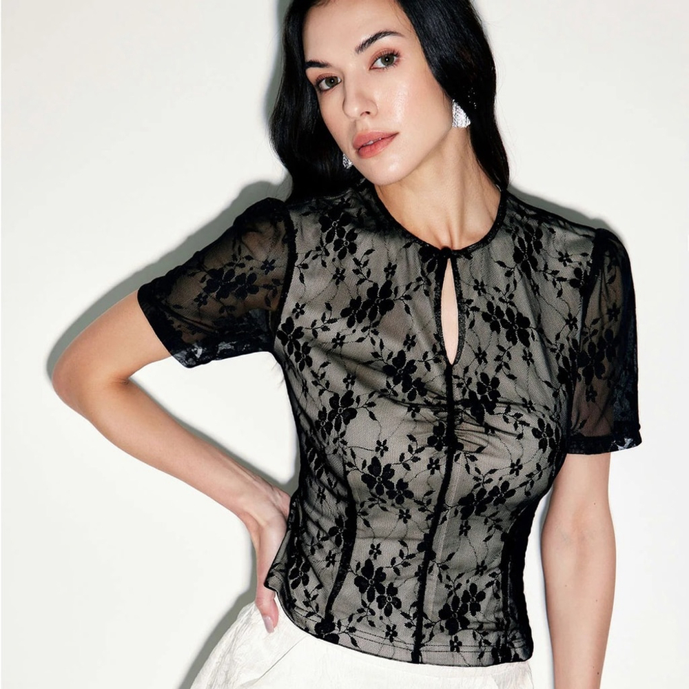 RIHOAS Black Lace Slim Tee S